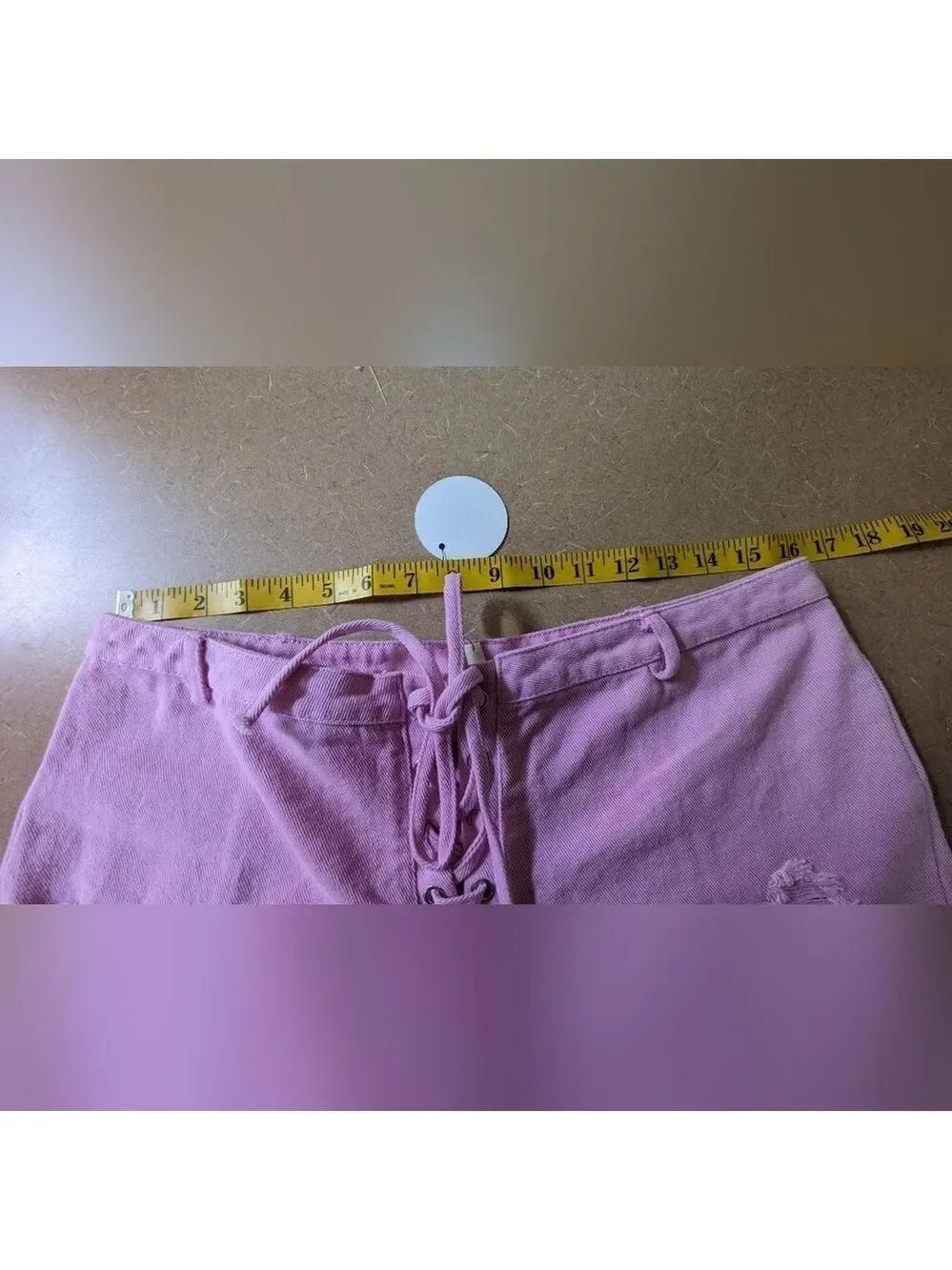 NEW En Creme Pink Distressed Lace Up Denim Shorts Size Large